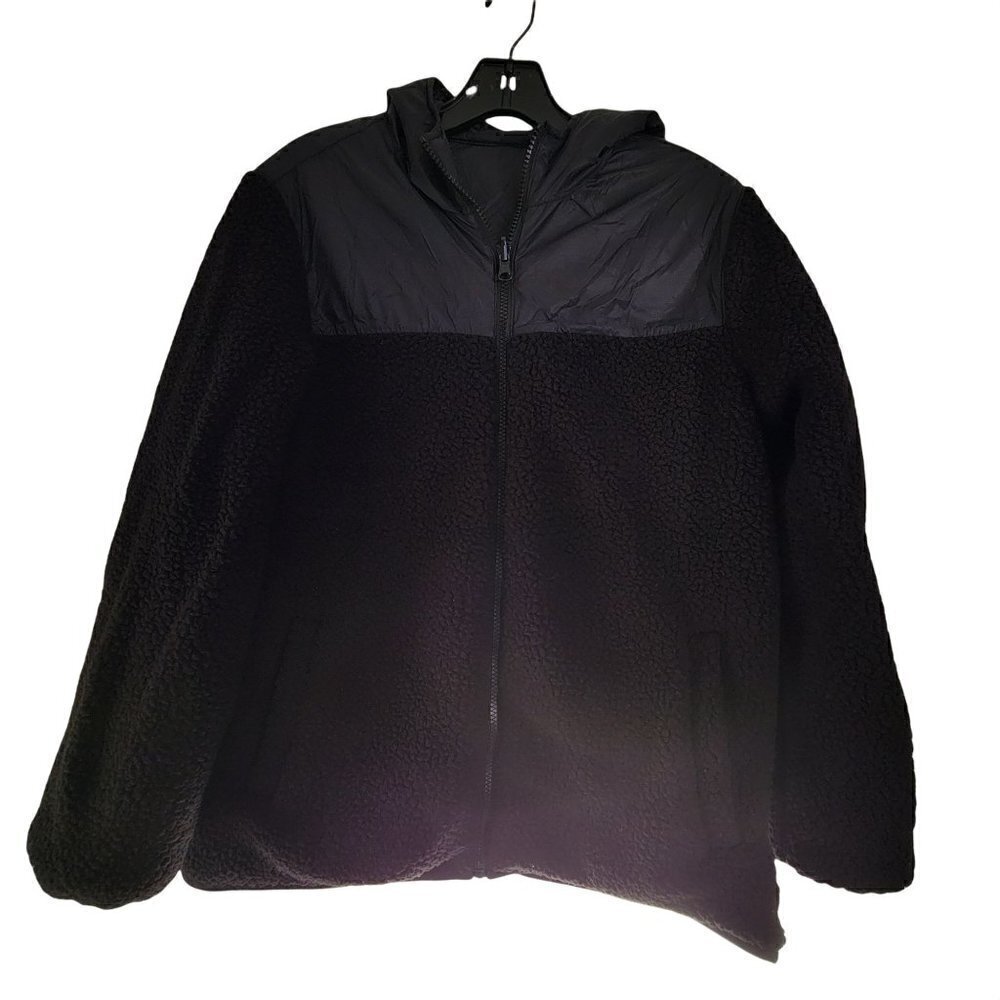 Old Navy Kids Black Reversible Windbreaker Waterpoof Sherpa Zip Up Hooded Jacket